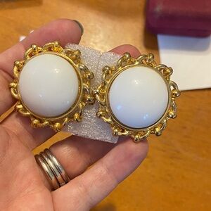 Vintage Gold and White Clip-On Earrings